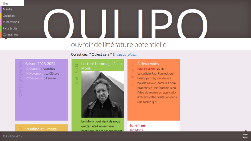 Oulipo website homepage featuring literature homage, event schedule, and literary articles in French