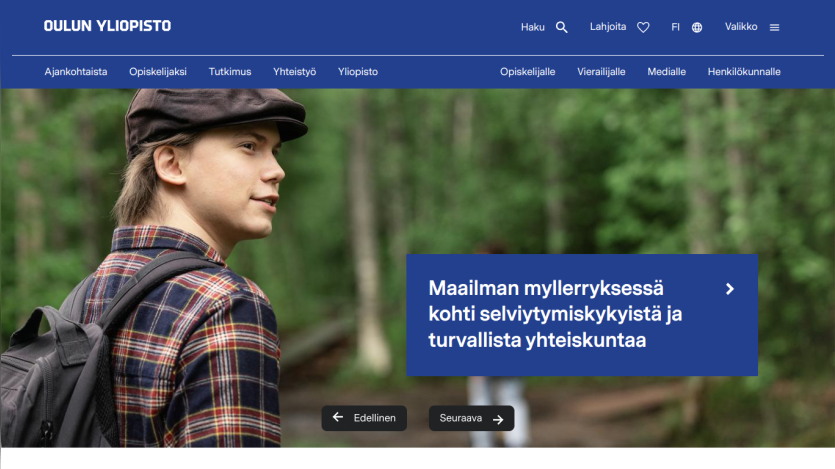University website featuring a student in nature with a call to action about survival skills.