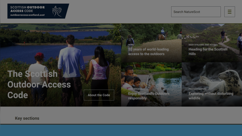 Scottish Outdoor Access Code homepage featuring outdoor scenes and links about access, responsible enjoyment, and wildlife protection