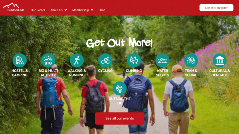 OutdoorLads website with navigation and hero section promoting outdoor activities and events