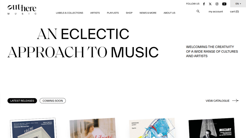 Website header with navigation and headline 'An Eclectic Approach to Music' promoting a creative catalogue of cultures and artists