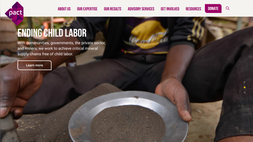 Website header with navigation and hero section about ending child labor in mineral supply chains with a call to action button