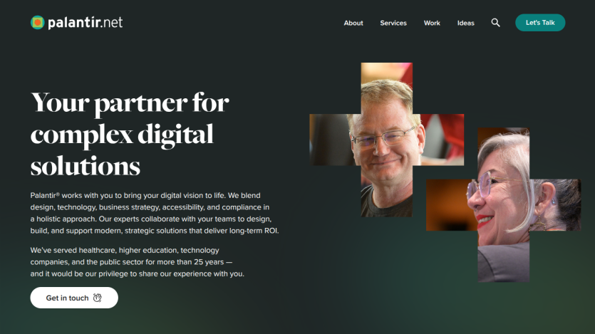 Palantir.net homepage with headline about complex digital solutions, descriptive text, and call to action button