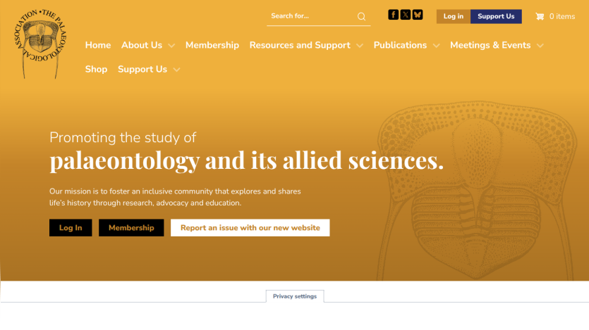Homepage promoting the study of palaeontology and allied sciences with mission statement and navigation menu.