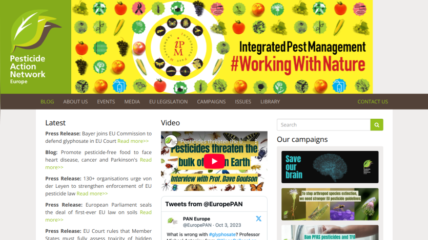 Pesticide Action Network Europe website with Integrated Pest Management banner and latest news, video, and campaign sections