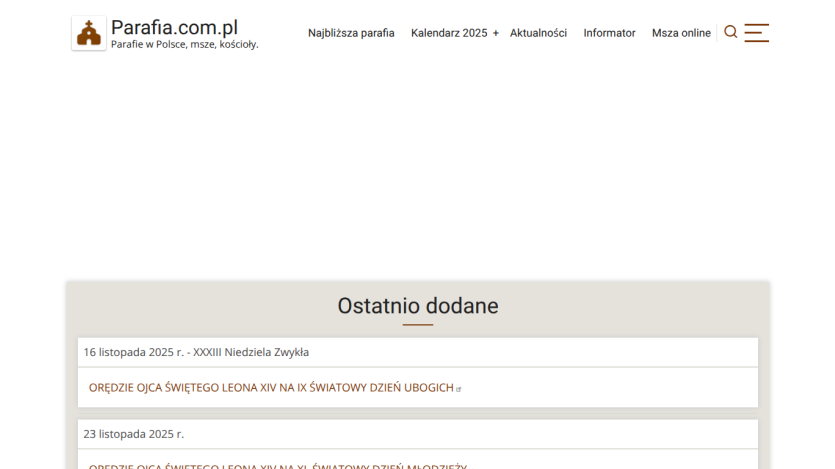 Parafia.com.pl homepage with navigation links and recent posts about religious events in November 2025