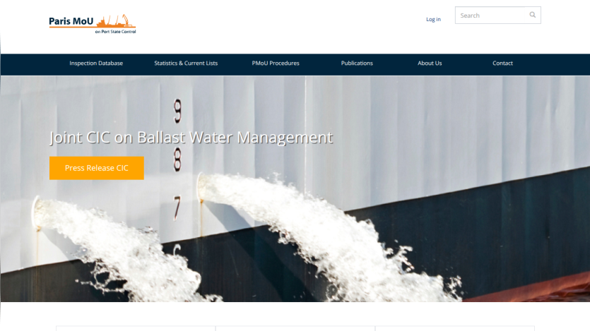 Paris MoU website with navigation and hero section on ballast water management and press release button