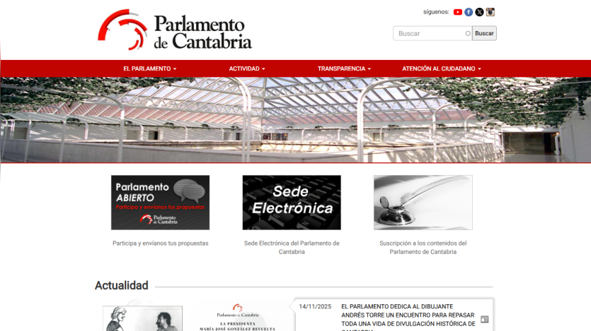 Parlamento de Cantabria website with navigation menu, search bar, and sections for participation, electronic headquarters, and subscription