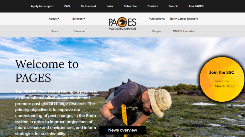 PAGES project homepage with navigation menus and a hero image of a researcher in a natural setting, promoting past global change research.