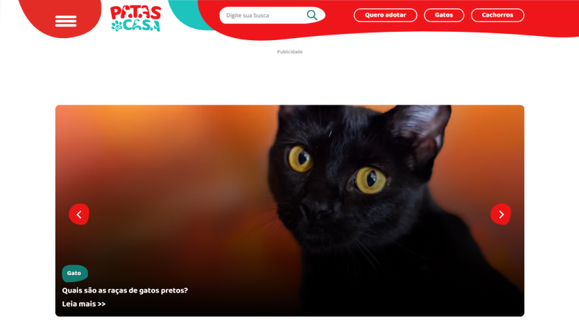 Website header with search bar and navigation, hero section featuring a black cat and article about black cat breeds