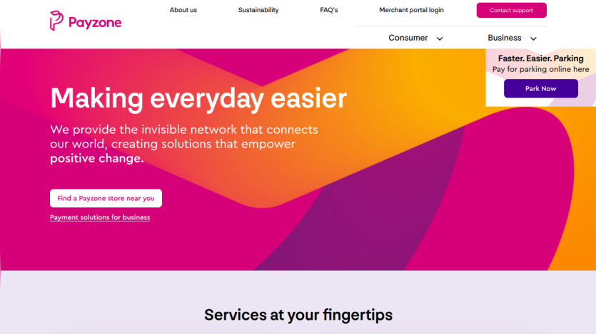 Payzone homepage hero with tagline Making everyday easier and options to find a store or business payment solutions