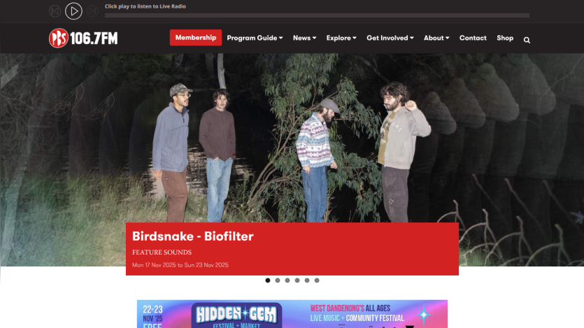 PBS 106.7FM radio site featuring Birdsake - Biofilter event from Nov 17 to Nov 23, 2025