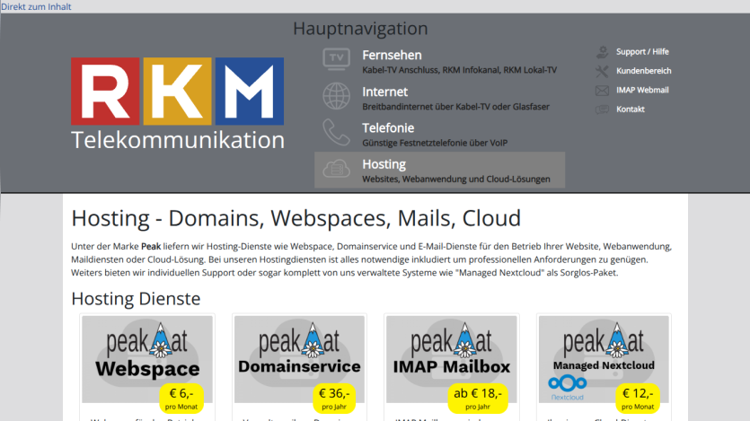 RKM Telekommunikation hosting services page with offerings for webspace, domain service, IMAP mailbox, and managed Nextcloud