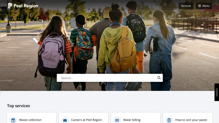 Peel Region homepage featuring a search bar and top services like waste collection and water billing.