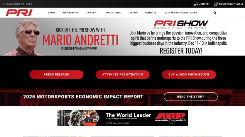 PRI Show promotion featuring Mario Andretti and event details for December 11-13, 2025 in Indianapolis with registration call to action