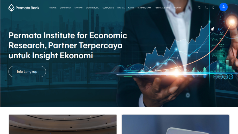 Homepage of Permata Bank featuring economic research insights and a data visualization graphic.