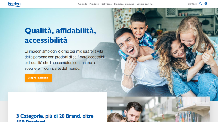 Perrigo website hero with a family image and text about quality, reliability, and accessibility of self-care products.