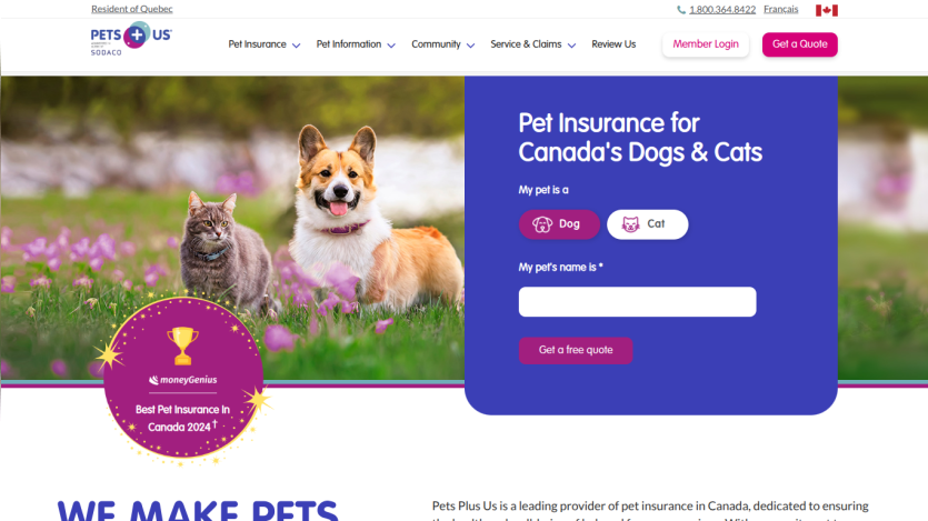 Pet insurance website for Canada's dogs and cats with options to select pet type and get a free quote.