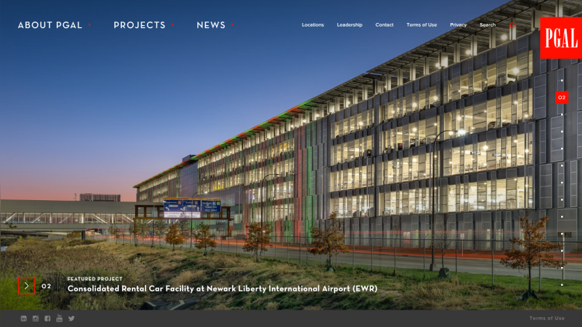 Website header with navigation and a featured project image of the Consolidated Rental Car Facility at Newark Liberty International Airport