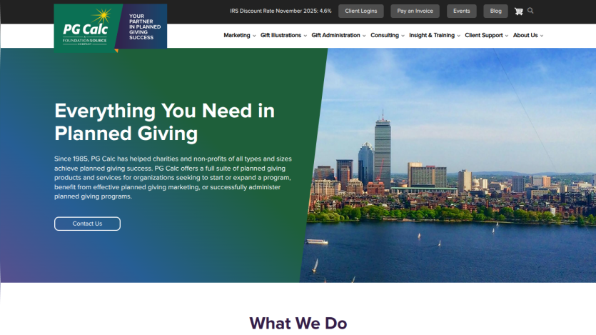 PG Calc homepage with navigation, headline about planned giving, descriptive text, contact button, and city skyline image
