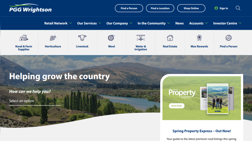 PGG Wrightson website with navigation and hero section titled Helping grow the country with a rural landscape background