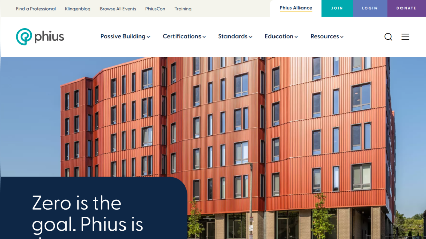 Phius website with navigation and hero section showing a modern building and text 'Zero is the goal. Phius is'