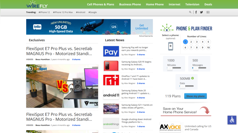 Wirefly homepage with phone plans navigation, trending topics, news articles, and a phone & plan finder tool