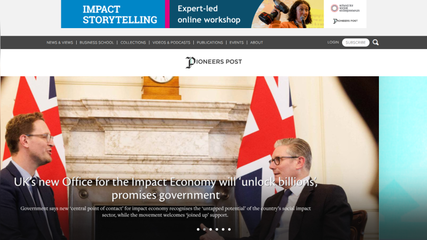 Pioneers Post homepage with headline about UK's new Office for the Impact Economy unlocking billions, government promises