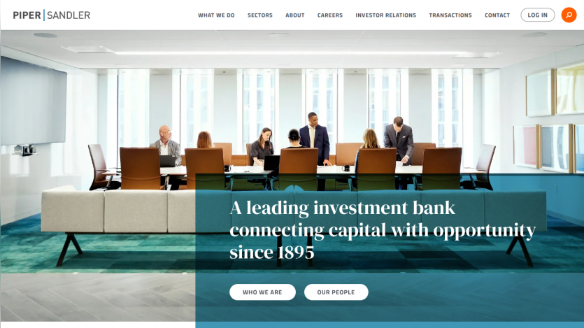 Investment bank homepage featuring a team meeting and a tagline about connecting capital with opportunity.