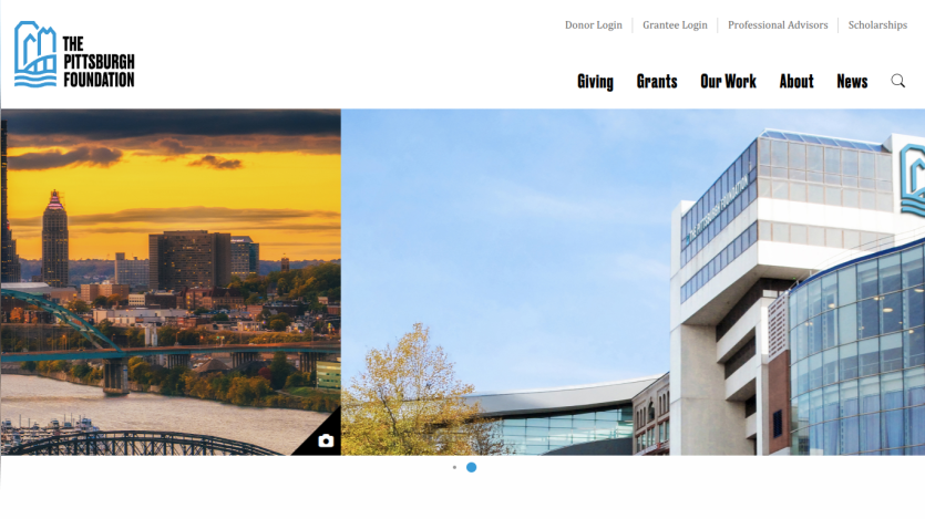 The Pittsburgh Foundation website with navigation links for Giving, Grants, Our Work, About, and News, featuring cityscape and building images.