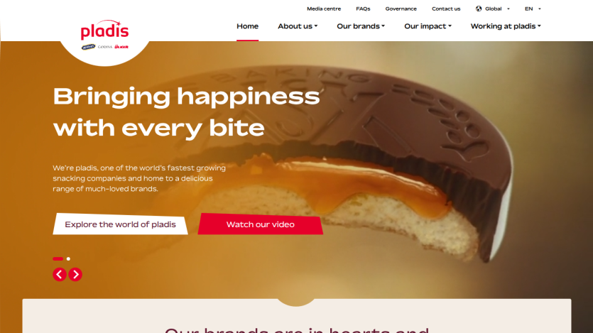 Pladis homepage with slogan 'Bringing happiness with every bite' and buttons to explore or watch video