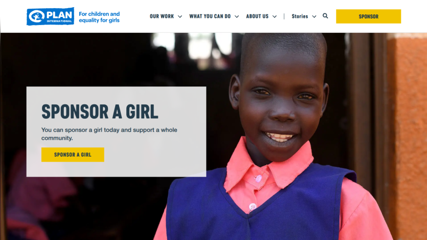 Plan International website promoting sponsorship of girls with a smiling girl and call to action to sponsor