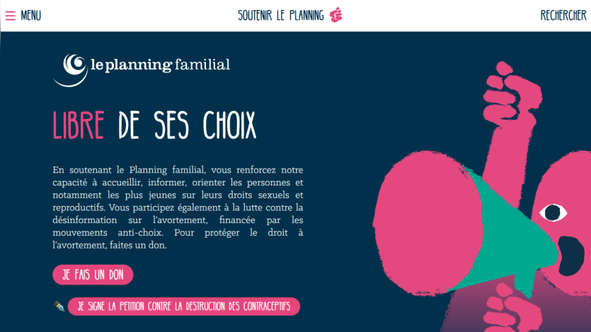 Le planning familial website hero section with title Libre de ses choix and descriptive text about family planning rights
