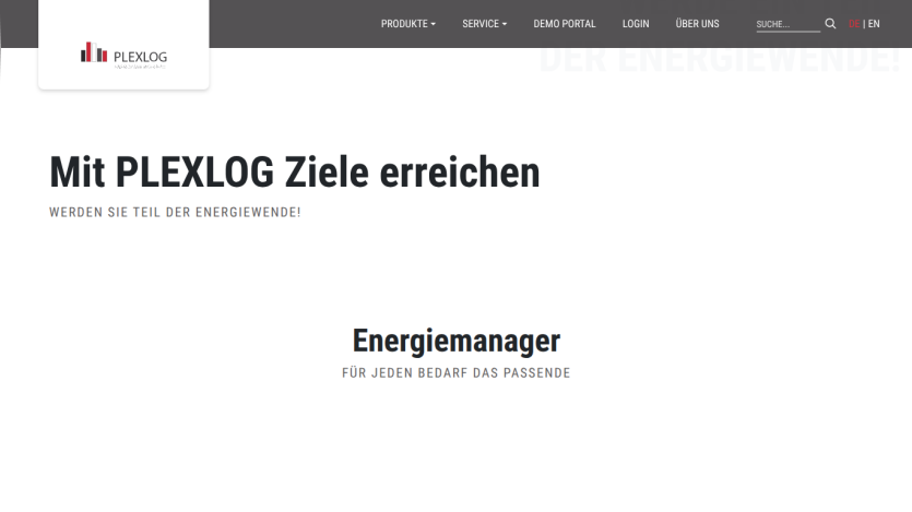 PLEXLOG website header with navigation and hero text about achieving goals and energy management