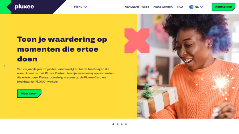 Website hero section promoting Pluxee Cadeau for showing appreciation on special occasions with a gift card usable at 15,000+ stores