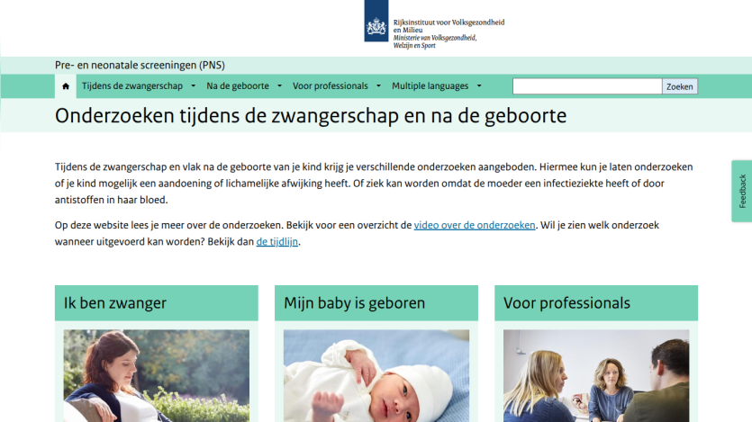 Dutch public health site on prenatal and neonatal screenings with sections for pregnant women, new parents, and professionals