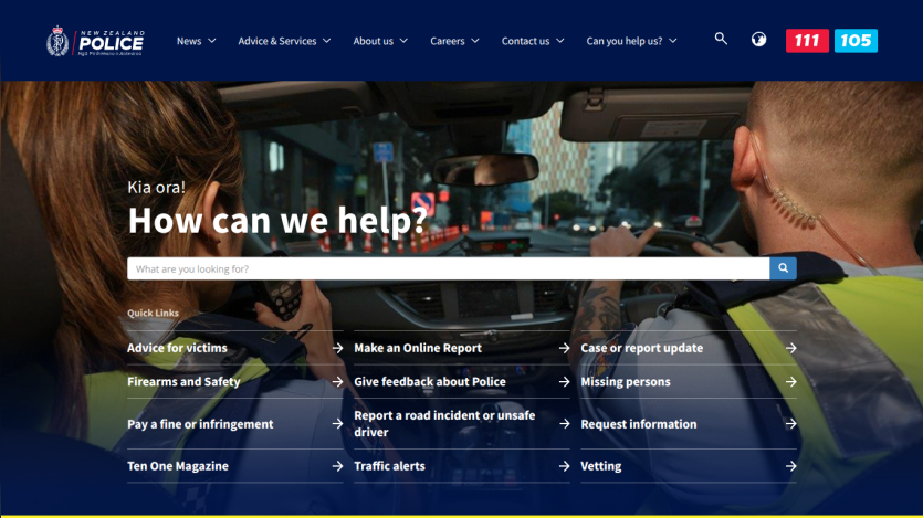 Police department website homepage with navigation menu and options for online reports, crime updates, and safety information