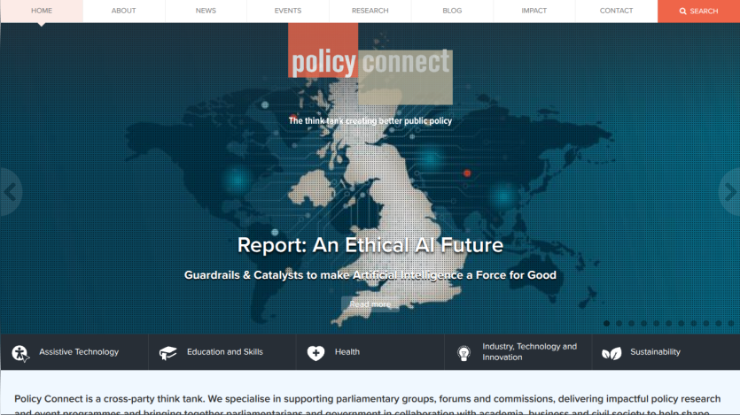 Policy Connect think tank homepage with navigation and report on ethical AI future
