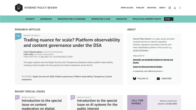 Research article page titled 'Trading nuance for scale? Platform observability and content governance under the DSA' with navigation and recent articles list