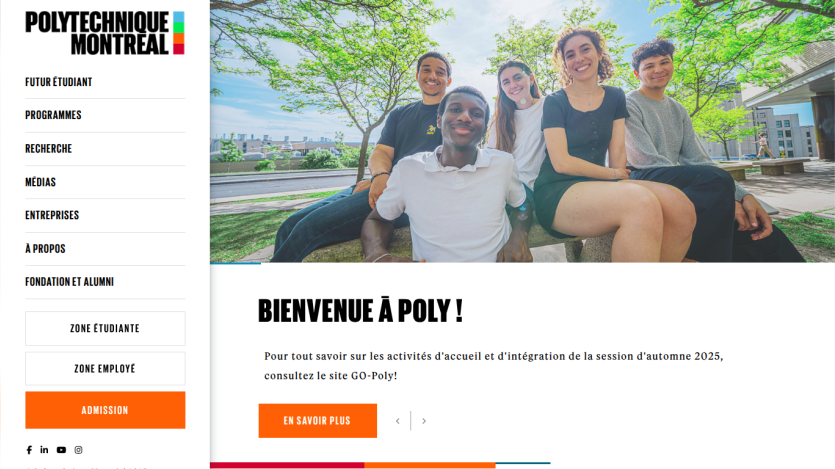 Welcome message for Polytechnique Montreal with students in a park setting.