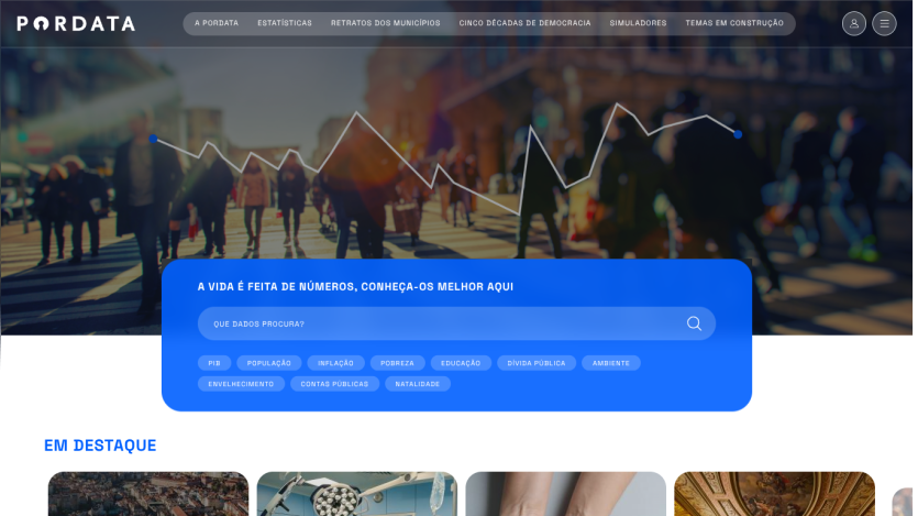 Website header with navigation menu and a hero section featuring a search bar for data categories like population and inflation