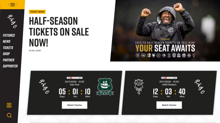 Half-season tickets on sale with countdown timers for upcoming matches at Vale Park and LNER Stadium