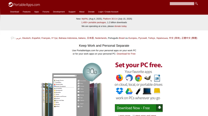 Homepage promoting app separation for work and personal use, featuring download button.