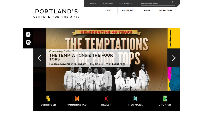 Portland'5 Centers for the Arts homepage featuring The Temptations & The Four Tops event on November 18 at 8:00pm
