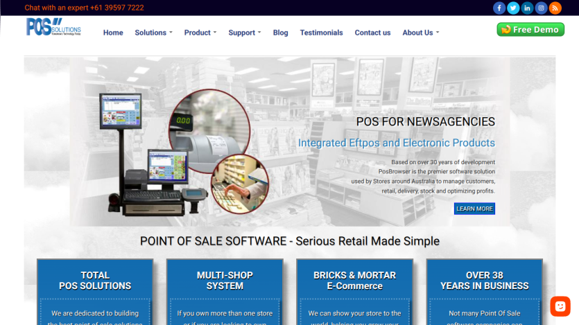 POS Solutions homepage featuring point of sale software for newsagencies with integrated Eftpos and electronic products