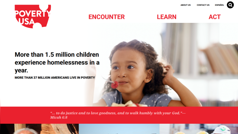 Poverty USA website highlights child homelessness and poverty statistics with navigation links Encounter, Learn, Act