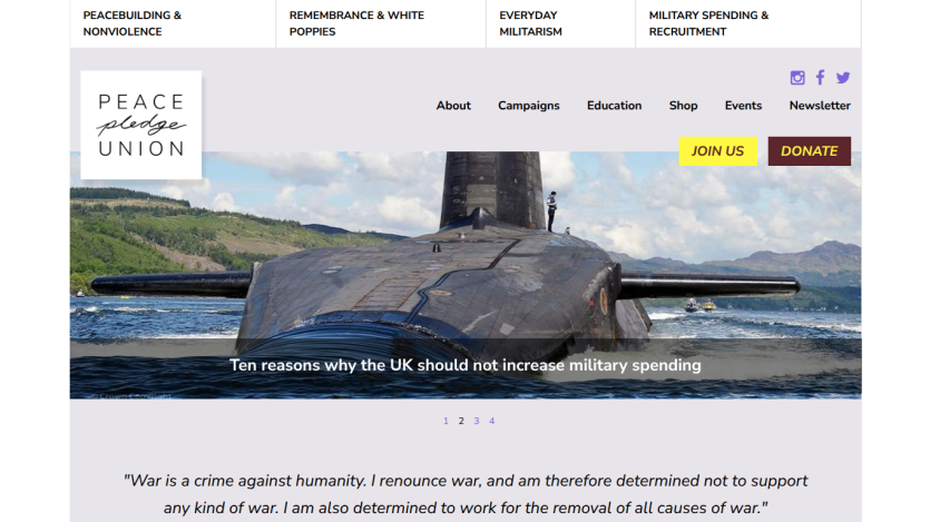 Peace Pledge Union homepage with navigation, social links, call to action buttons, and a submarine hero image with anti-military spending message