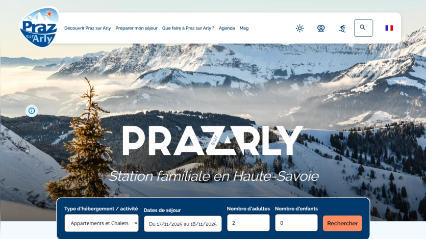 Praz sur Arly family ski resort in Haute-Savoie with snowy mountain background and booking search form