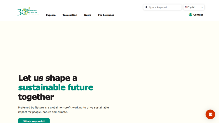 Preferred by Nature nonprofit homepage with message to shape a sustainable future and navigation menu
