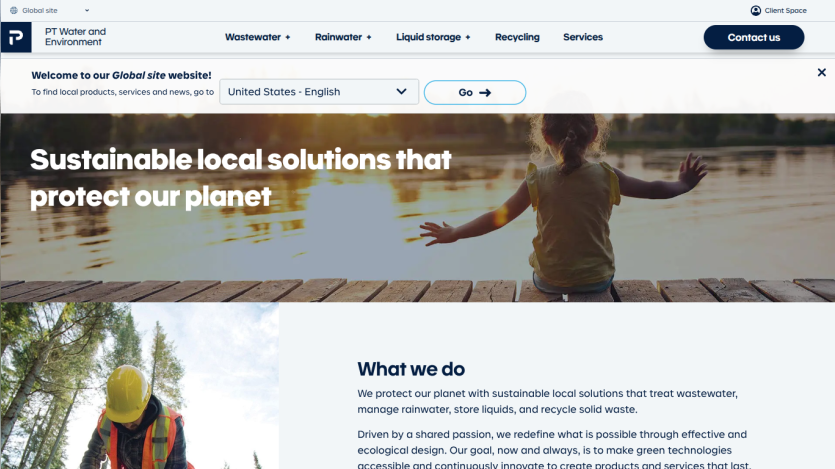 Premier Tech Global site homepage with navigation and hero text about sustainable local solutions protecting the planet